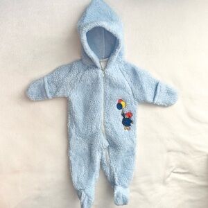 Vtg Paddington Baby Blue Fuzzy Sherpa Hooded Footie Outfit 0-6M bodysuit snow